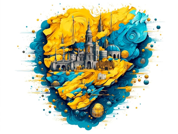 파란색과 노란색 그루지 PaintAI가 생성된 키예프 우크라이나 도시 스카이라인 실루엣