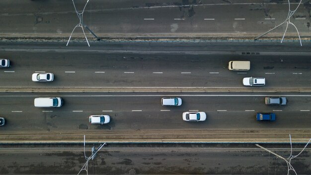 Kiev, Ukraine.- February: Aerial view on the road with a lot of passing cars in the city of kiev. Photo taken with a drone