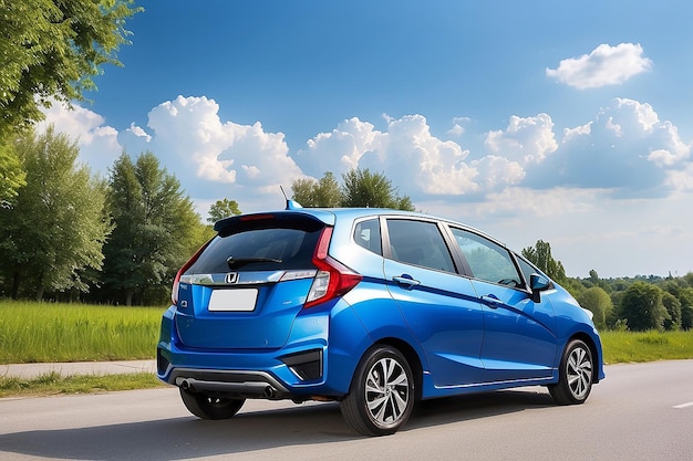 Фото Киев украинский 4 июля 2017 голубой автомобиль honda jazz припаркован на дороге на фоне