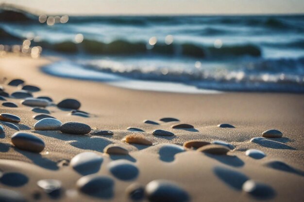 kiezelstenen op het strand met water en hemel op de achtergrond