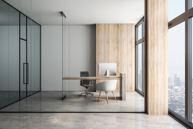 Foto kijk door glazen wand op moderne loft-stijl kantoor en uitzicht op de stad