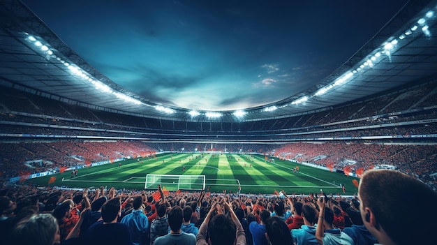 Kijk in het voetbalstadion met fans op het stadionspel en de viering van het publiek