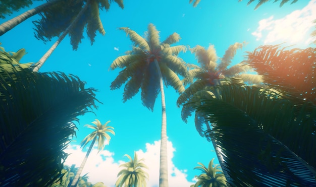Kijk omhoog naar de torenhoge palmbomen tegen een vintage blauwe lucht en vervoer jezelf naar een rustig tropisch strandparadijs