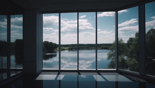 Kijkend door een modern glazen raam reflecteert de blauwe lucht op water gegenereerd door AI
