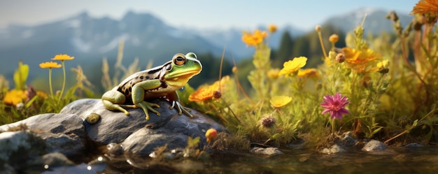 kikker zittend op de steen in het natuurlandschap nabij het generatieve ai van het meer