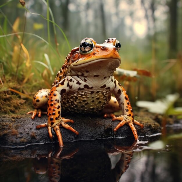 kikker zittend op de steen in het natuurlandschap nabij het generatieve ai van het meer