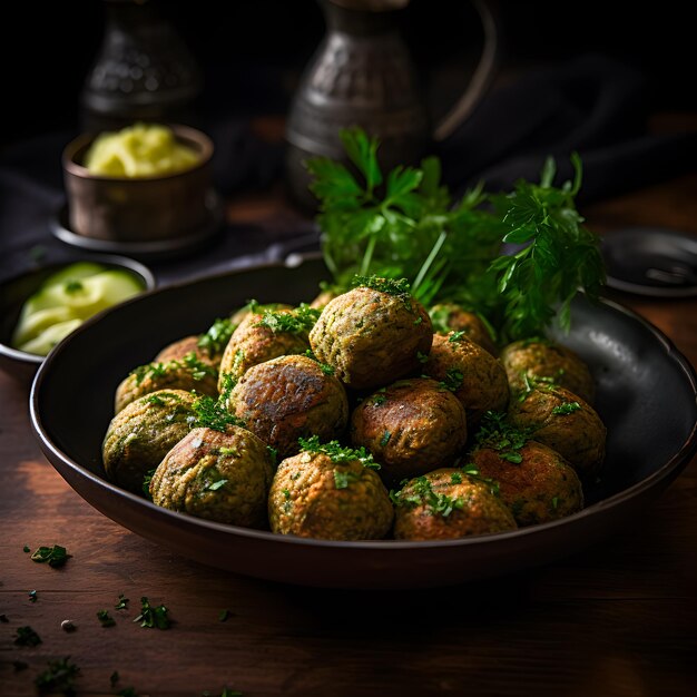 Kikkererwten falafel met groenten op de donkere achtergrond