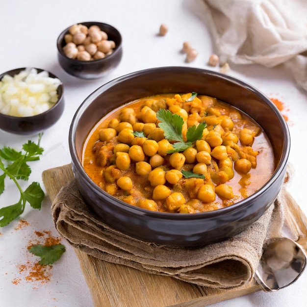 KIKKERERWTEN MASALA Chole masala curry traditionele Noord-Indiase lunch diner witte achtergrond