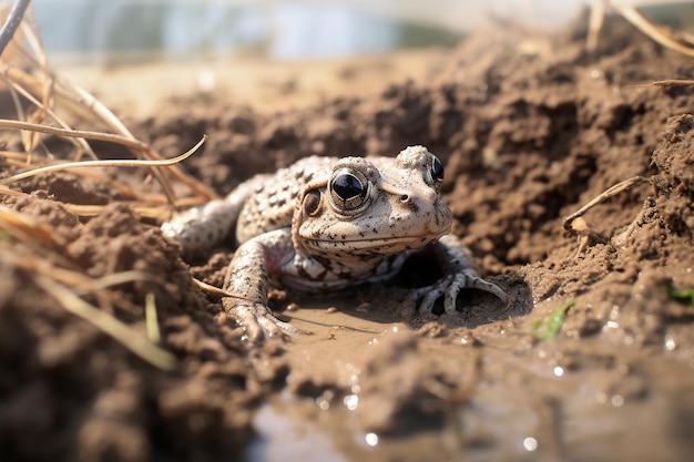 Kikkers die zich vermengen met de textuur van een stuk nat zand