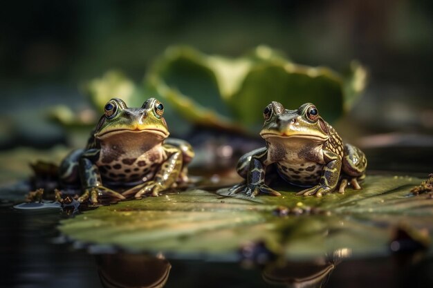 Kikkers zitten op een blad met waterdruppels.