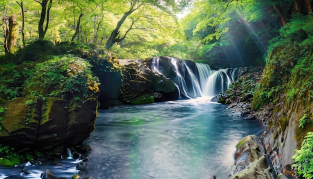 Kikuchi Valley 폭포와 Ray in Forest