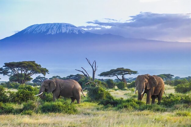 Kilimanjaro elephant snow morning wildlife color picture ground level two parents travel des