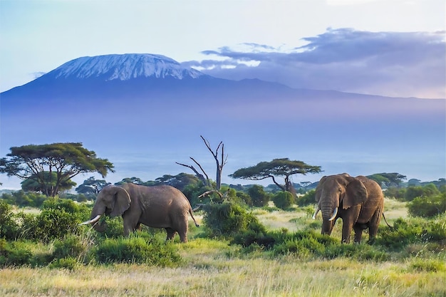 Foto kilimanjaro olifant sneeuw ochtend dieren in het wild kleurenfoto grondniveau twee ouders reizen des