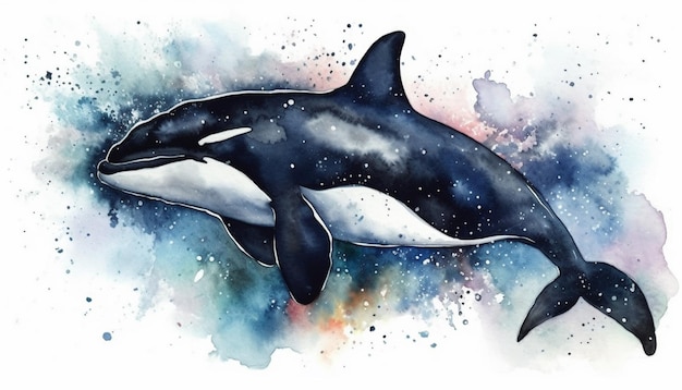 A killer whale is painted on a watercolor paper.