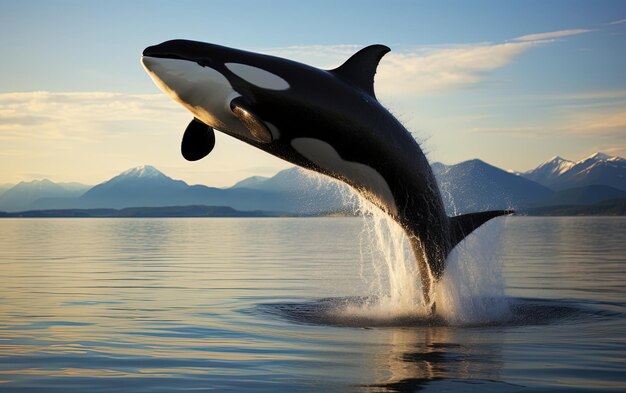 a killer whale is swimming in the water with a mountain in the background