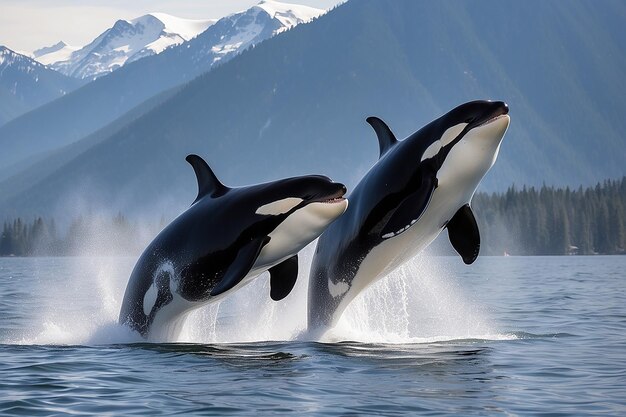 Killer whale orcinus orca pair leaping canada