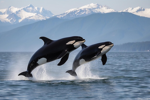 Killer whale orcinus orca pair leaping canada