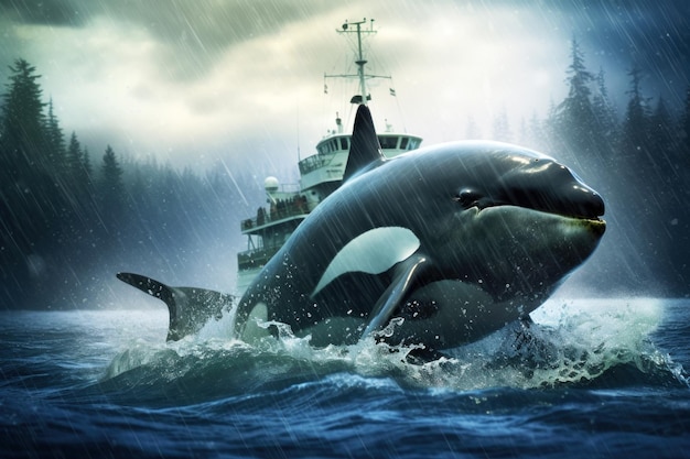 Killer whale and ship Wildlife concept