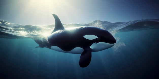 A killer whale swims in the ocean.