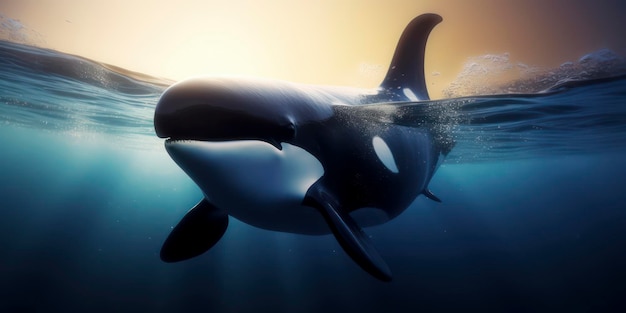 A killer whale swims under the water.