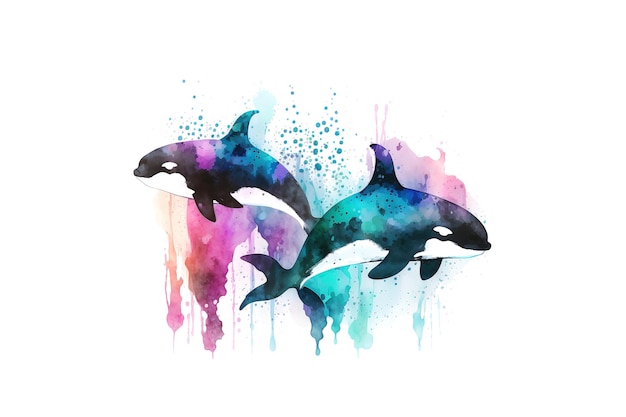 Killer whales are drawn with multicolored watercolors isolated on a white background Generated by AI