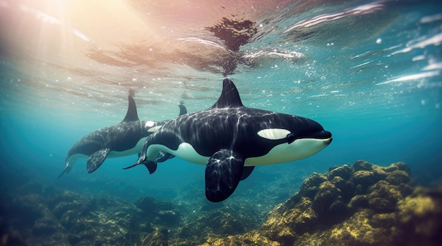 범고래 orcas는 푸른 물에서 수영