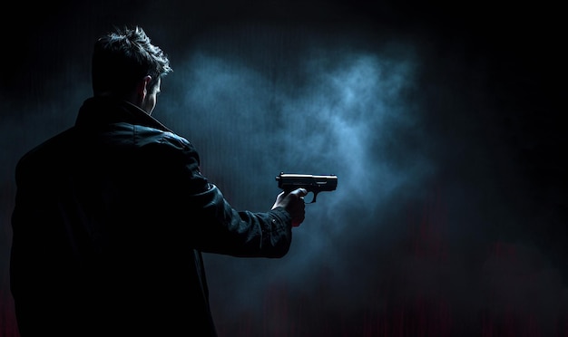 Killer with gun in the dark shadowCool aggressive man pointing a gun dark black background