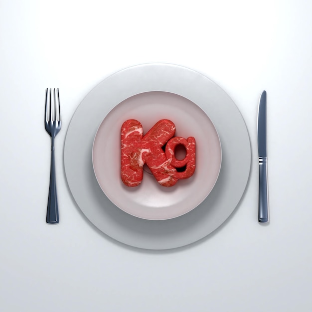 Kilogram symbol with meat texture on a white porcelain plate with a knife and a fork