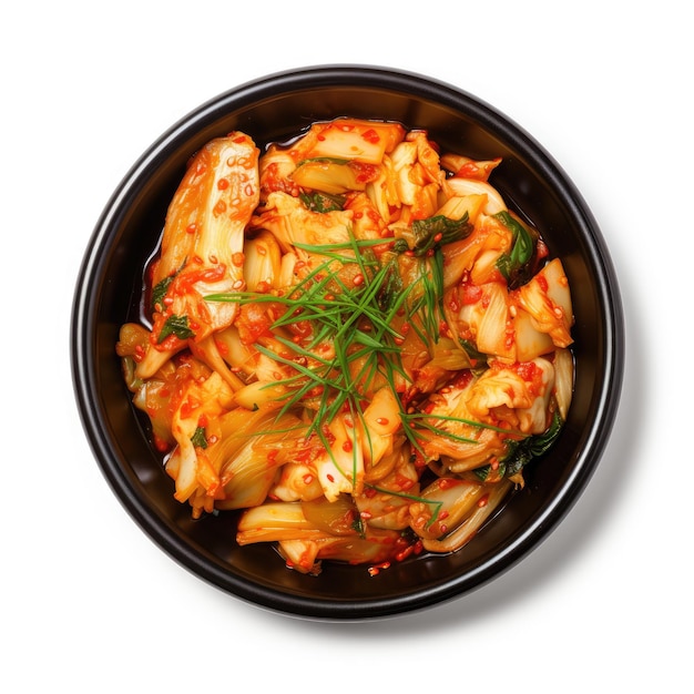 Kimchi cabbage in plate or bowl top view on white background