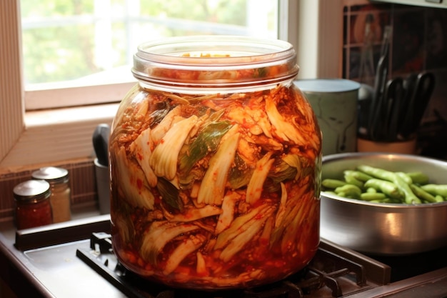 Kimchi fermenting in a traditional crock