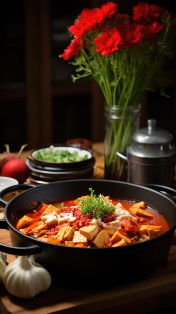 사진 김치 지가 (kimchi jjigae) 는 김치 스투 (kimchi stew) 또는 김치 수프 (kimchi soup) 라고도 불린다.