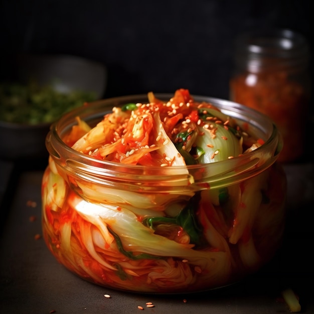 Foto kimchi koreaanse gefermenteerde groenteschotel in een pot