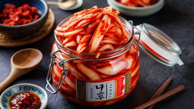 Photo kimchi ready to eat in glass jar