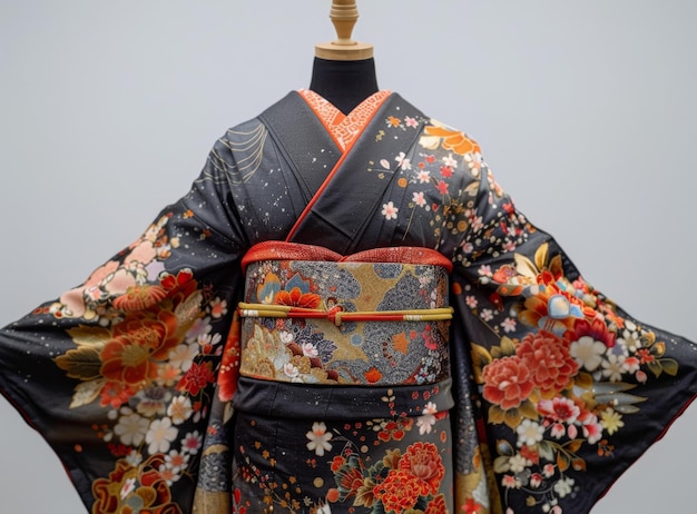 Photo a kimono with a floral pattern and a red obi
