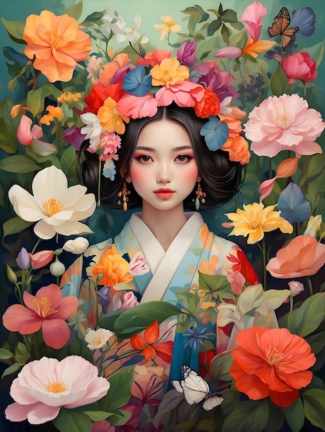 Kimonoclad girl floral headpiece amid lush garden natures vibrant celebration