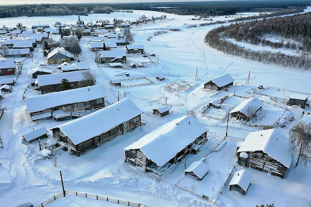 kimzha village top view, winter landscape russian north arkhangelsk district