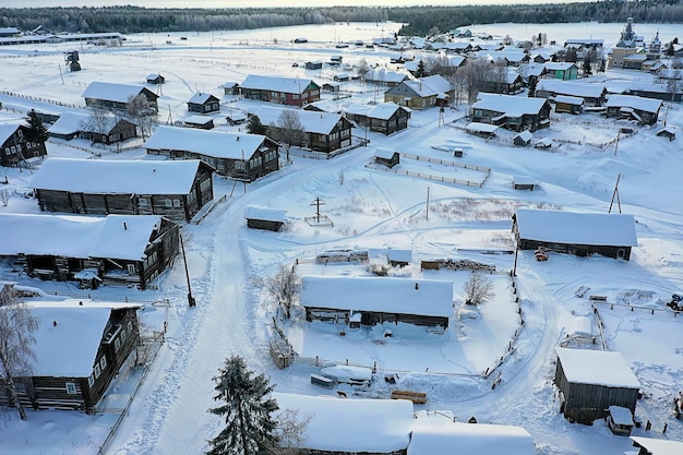 Kimzha village top view, winter landscape russian north\
arkhangelsk district