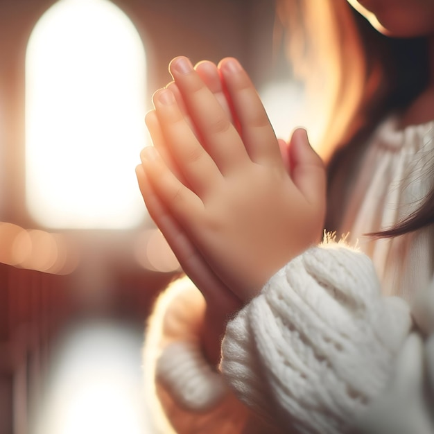 Kind bidt vreedzaam in zacht ochtendlicht binnen