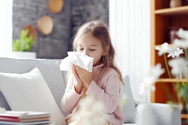 Kind binnen met een zakdoek om een loopneus te behandelen Kindersiekte in het griepseizoen