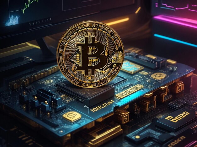 Foto tipo di struttura di criptovaluta bitcoin su sistema di circuito di chip bitcoin d'oro con rendering 3d