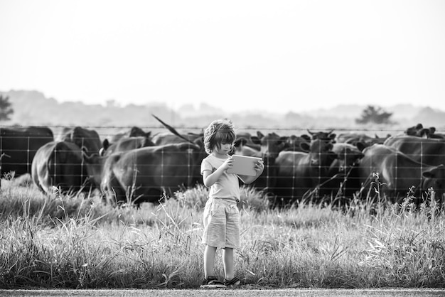 Kind boer met tablet moderne koe boerderij zomer kind op het platteland kinderen genieten op het platteland jongen