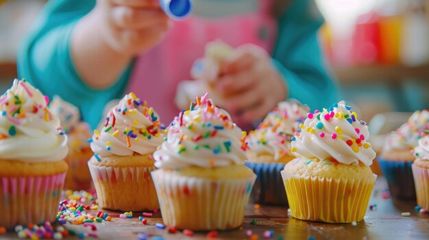Kind concentreert zich op het versieren van kleurrijke cupcakes