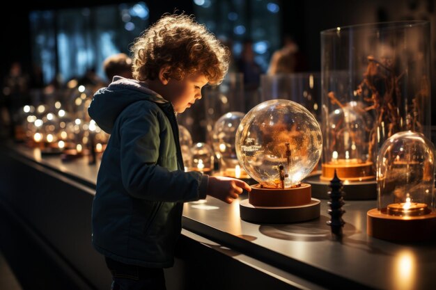 Foto kind dat een wetenschapsmuseum verkent en experimenten uitvoert generatieve ai