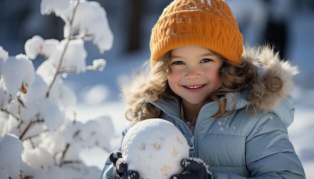 Kind dat in de sneeuw speelt en een sneeuwbal vasthoudt, heldere kleuren