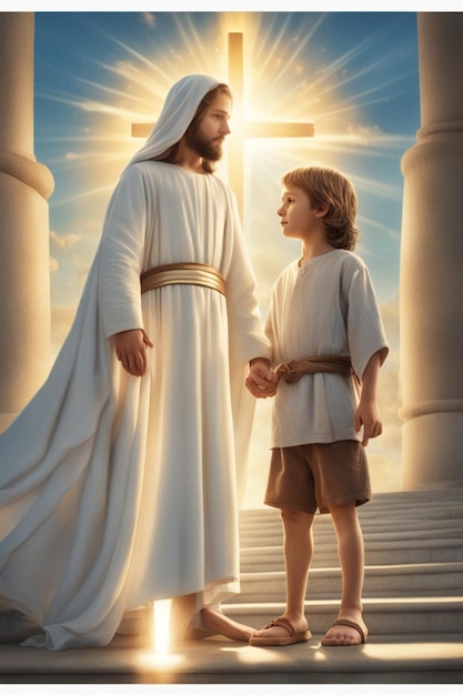 kind dat naast Jezus staat en zijn hand vasthoudt en een helder licht schijnt op de illustratie