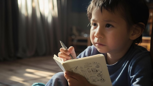 Kind denkt en houdt een notitieboek in handen