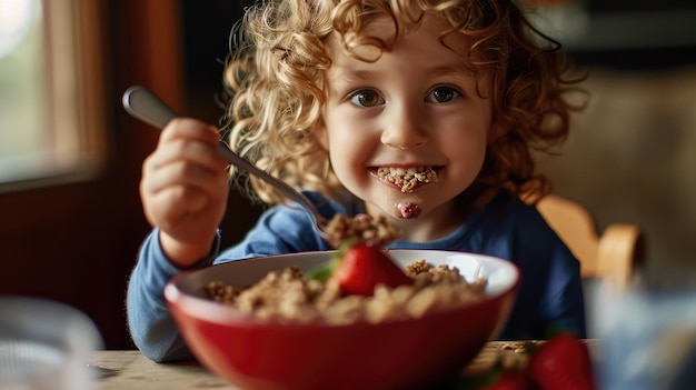 Kind eet acai in een schaal met knapperige granola en vers fruit en smeert zichzelf met plezier