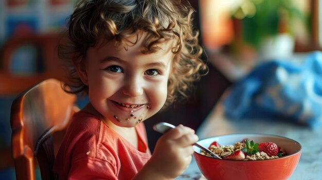 Kind eet acai in een schaal met knapperige granola en vers fruit en smeert zichzelf met plezier