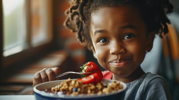 Kind eet acai in een schaal met knapperige granola en vers fruit en smeert zichzelf met plezier