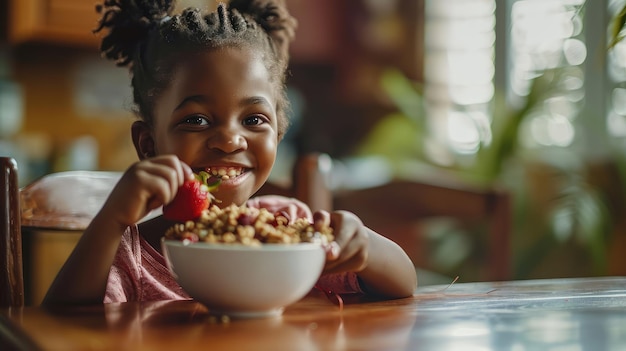 Foto kind eet acai in een schaal met knapperige granola en vers fruit en smeert zichzelf met plezier